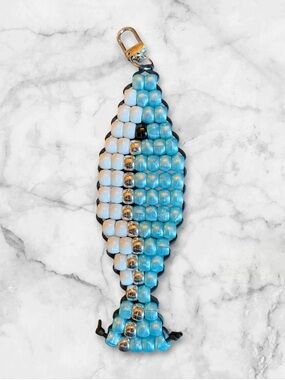 Blue & White Beaded Fish Keychain Charm